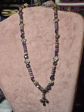 Purple Beaded Cross Necklace - Women's Fashion Jewelry
